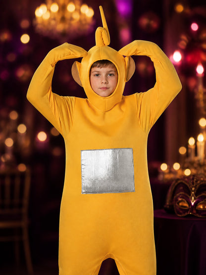 Adult Yellow Cartoon Character Footed Onesie Costume with Antenna and Silver on-model view