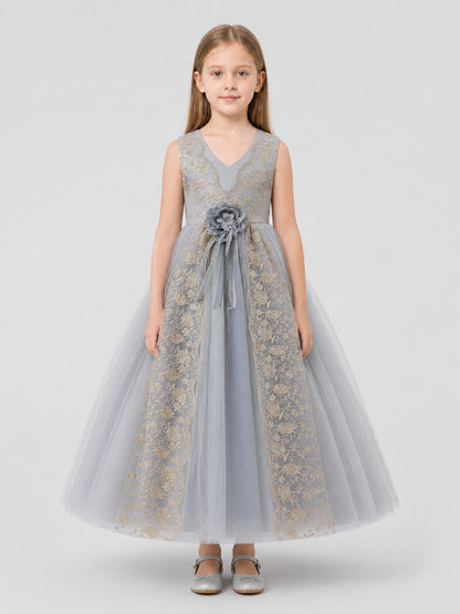 Dressy Dress with Gold Embroidery, Full Skirt on-model view