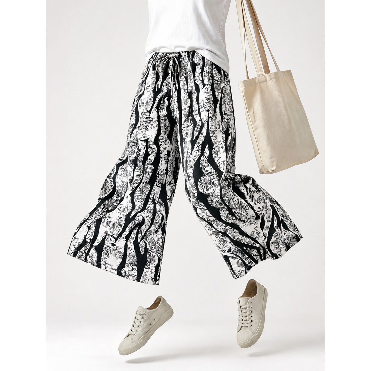 Wide-Leg Pants with Black-and-White Abstract Print