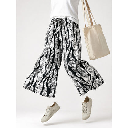Wide-Leg Pants with Black-and-White Abstract Print