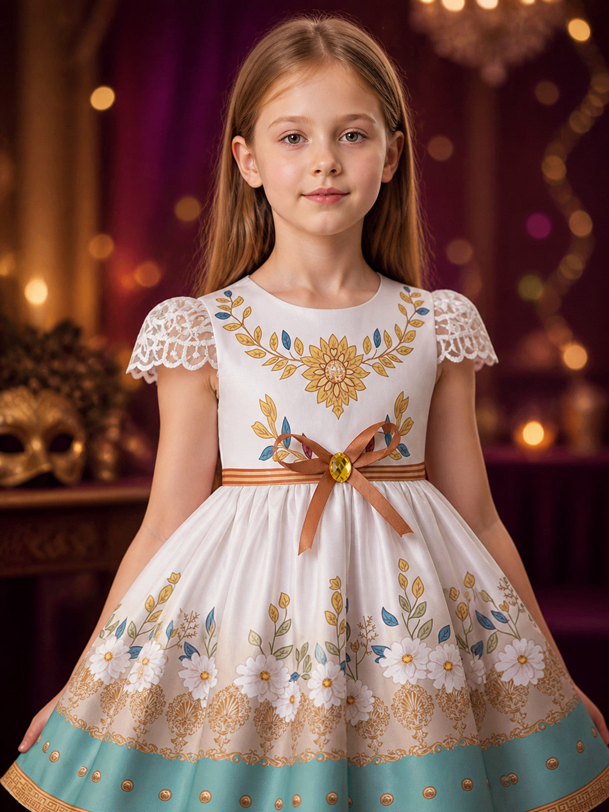 Toddler Girls' Princess Dress With Floral Print, Bow Detail and Puff Sleeves on-model view