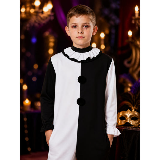 Men's Black and White Jester Jumpsuit Halloween Costume with Ruffled Collar and on-model view