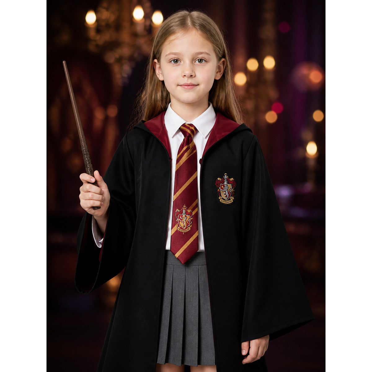Wizard Academy Costume Set with Hooded Robe, Shirt, Pleated Skirt, Tie and Wand on-model view