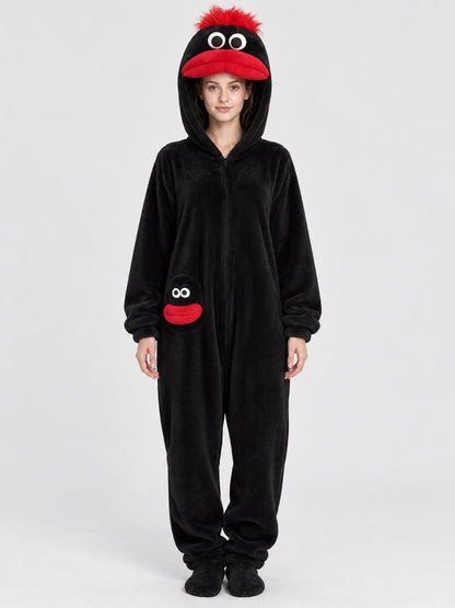 Black Coral Fleece Hooded Pajama Jumpsuit