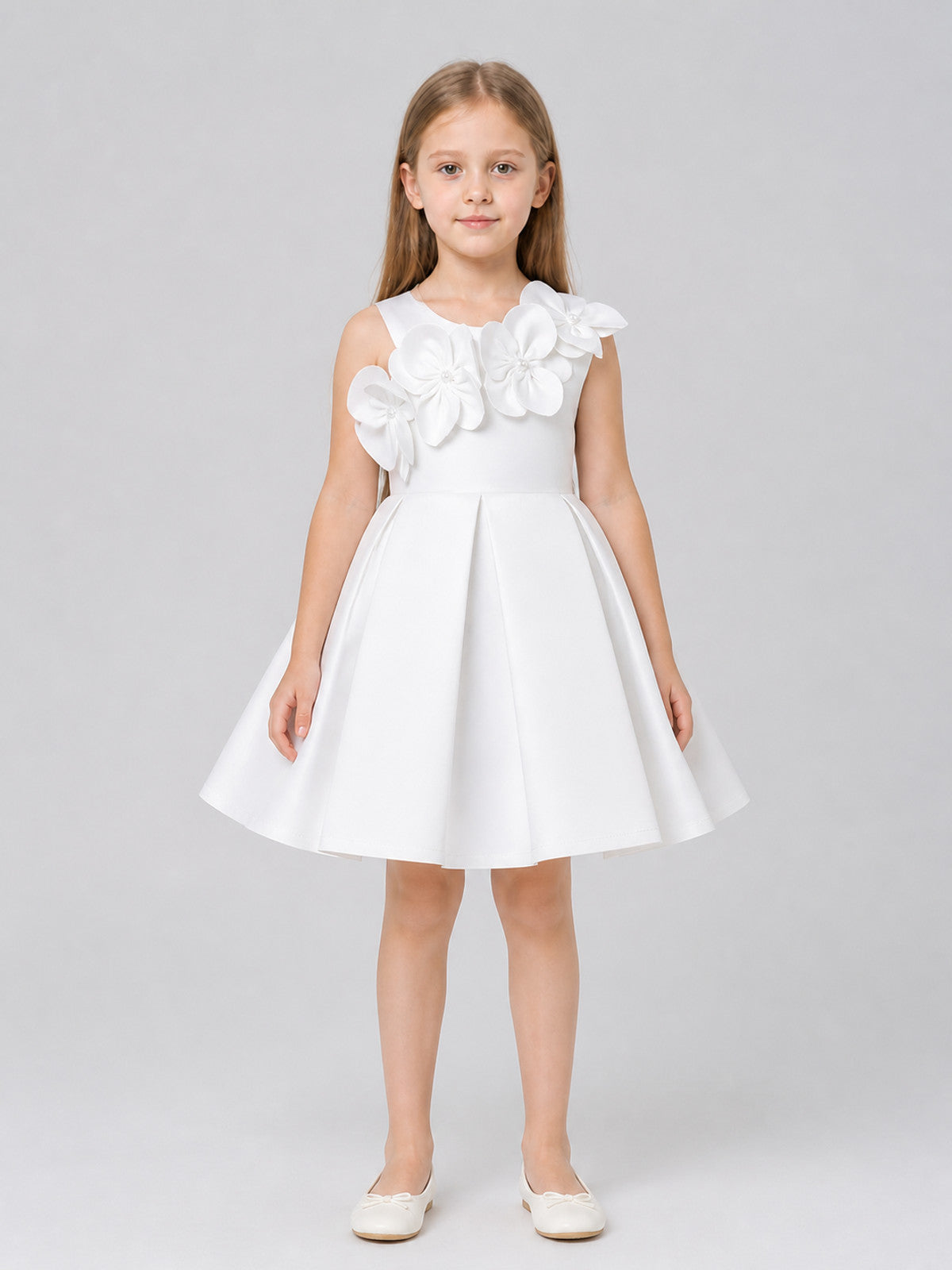 White Princess Dress for Girls with 3D Flowers
