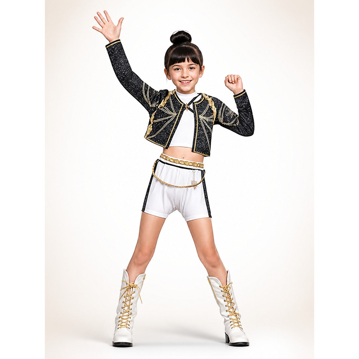 Kids' Black and White K-Pop Stage Costume Set front view