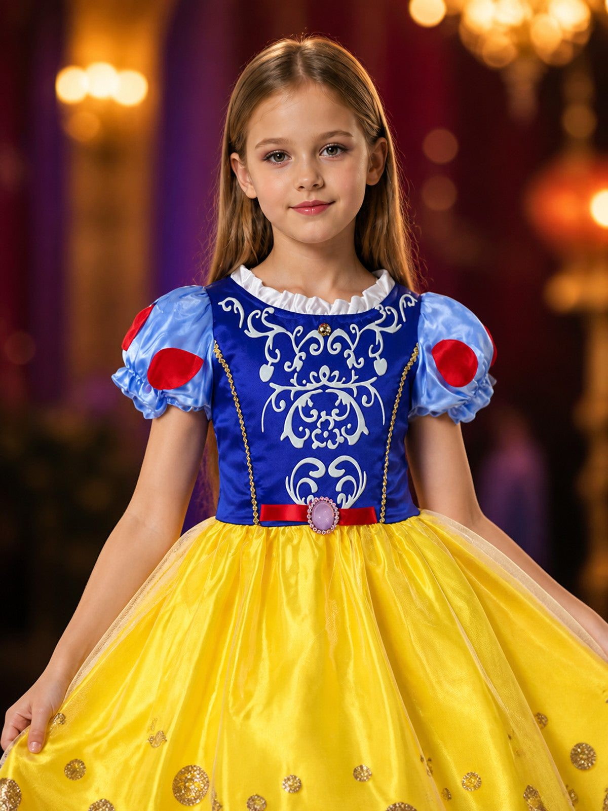 Girls Snow White Princess Costume Dress, Blue Yellow Red Short Sleeve Halloween