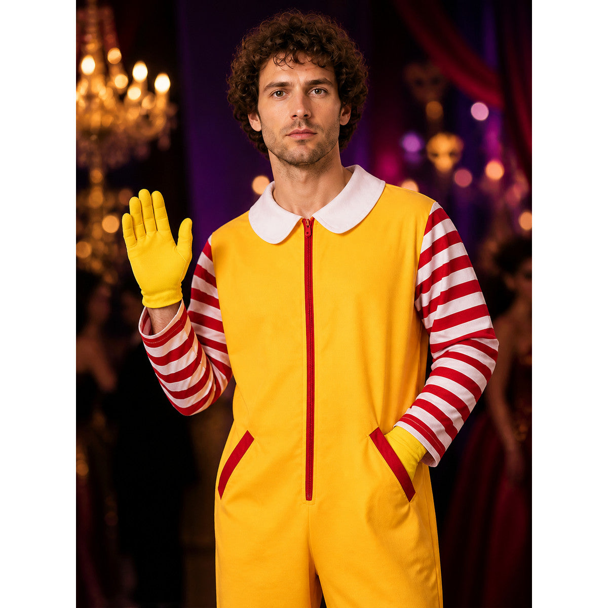 Halloween Clown Jumpsuit Costume, Orange-Yellow with Red and White Striped on-model view