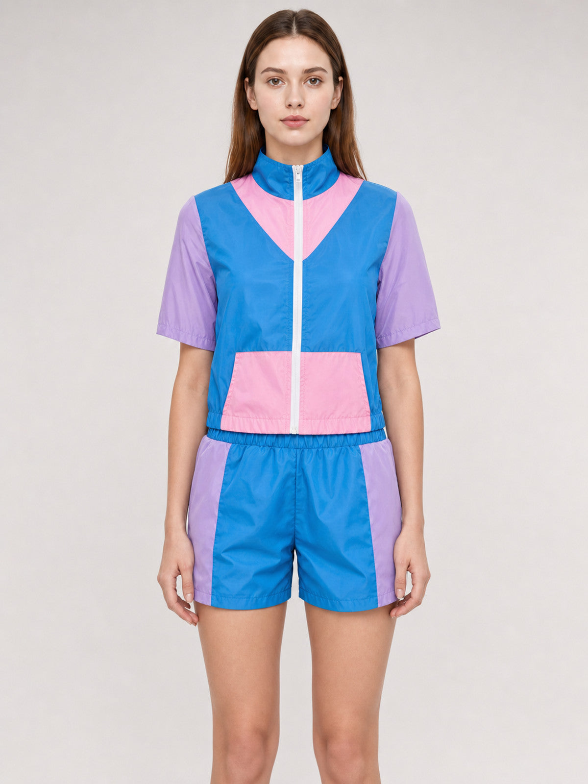 Sports Set with Shorts, Bright Color-Block Design front view