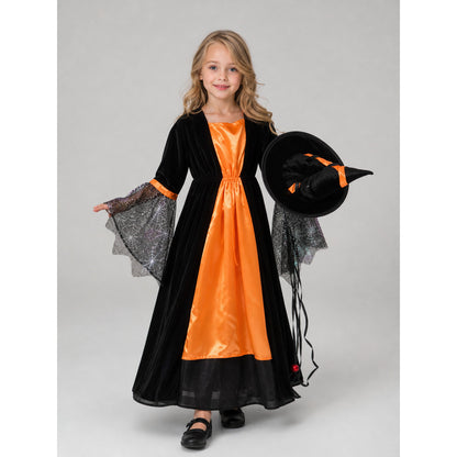 Witch-style costume set featuring a long black dress with long sleeves, a wide flared bottom, and a black pointed hat. The design uses orange, silver, and black colors. The center front of the dress features an orange decorative element, an