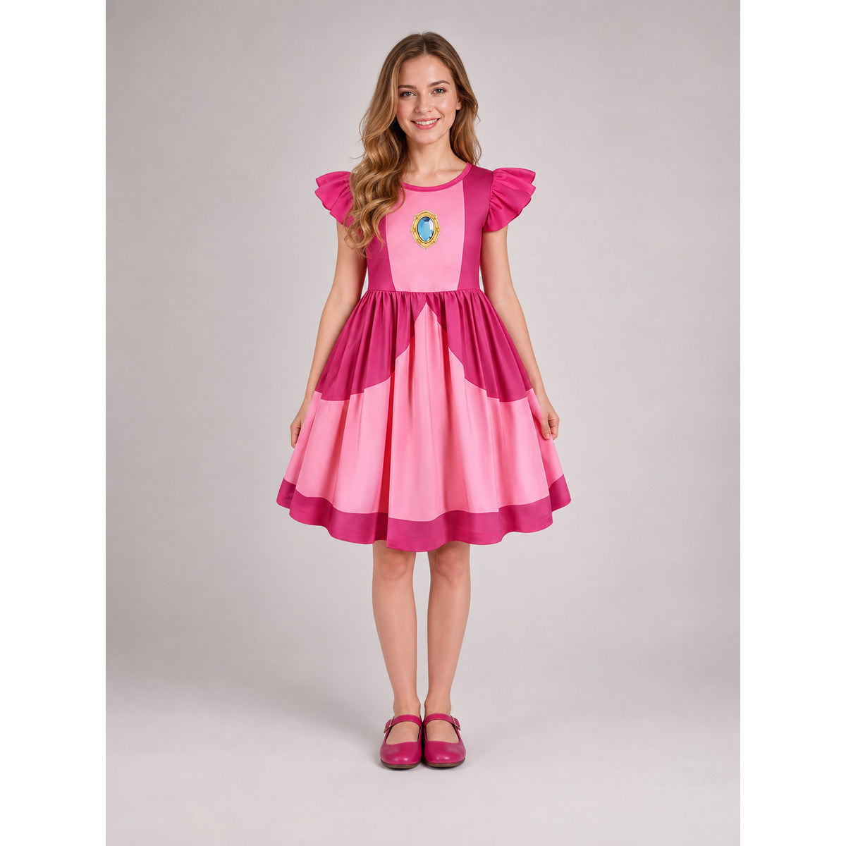 Kids' Peach Daisy Princess Dress for Cosplay on-model view