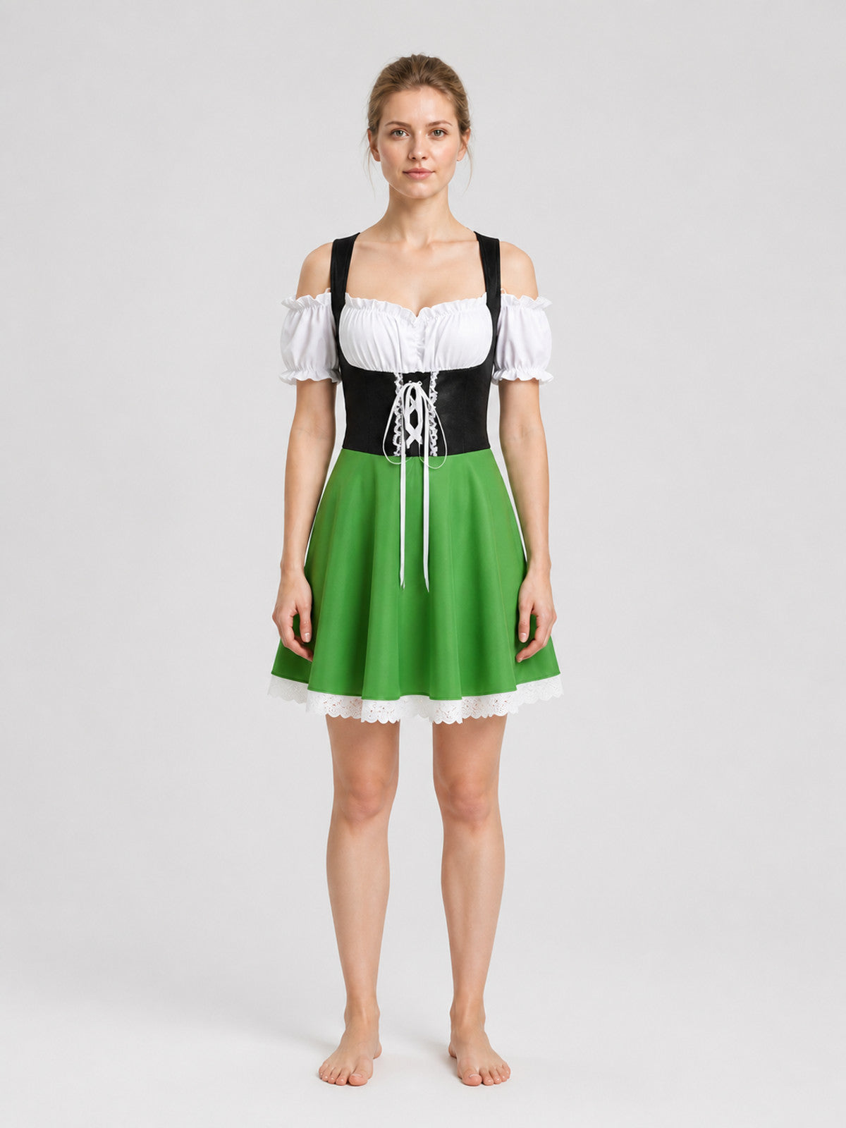 Oktoberfest Dress, Green with White Lace on-model view