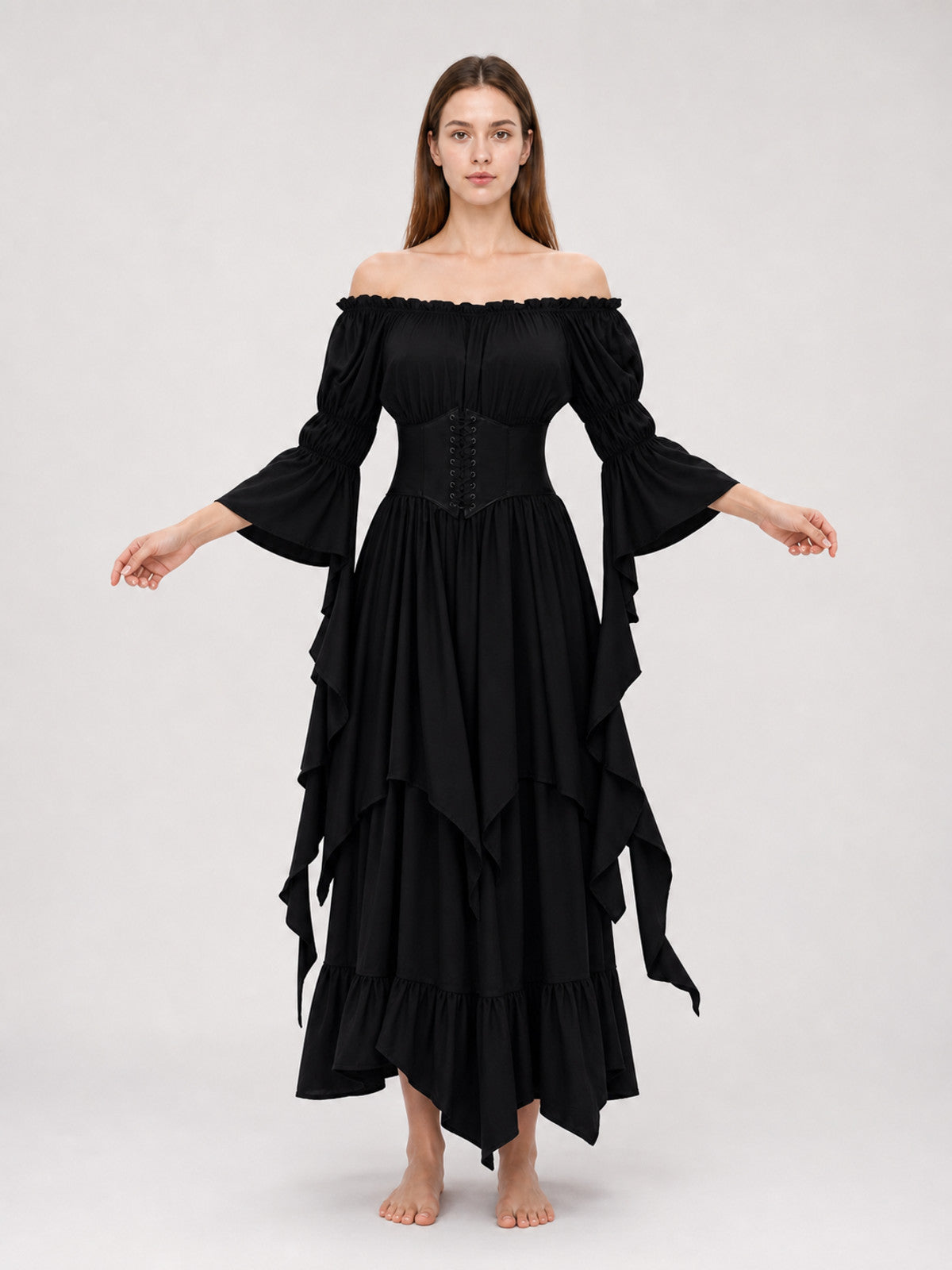 Black Gothic Maxi Dress with Corset Lacing front view