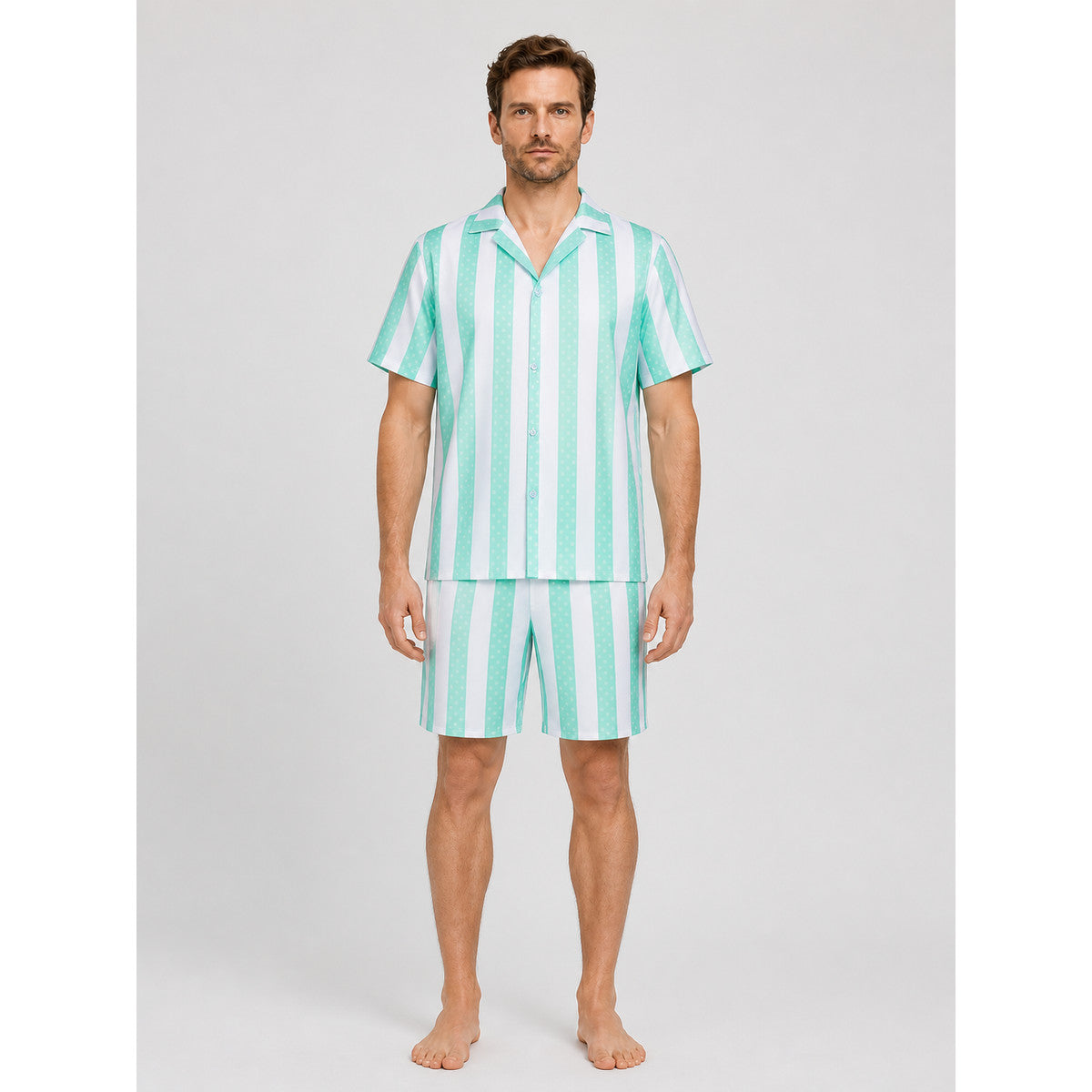 Shirt and Shorts Set, Mint and White Stripes on-model view