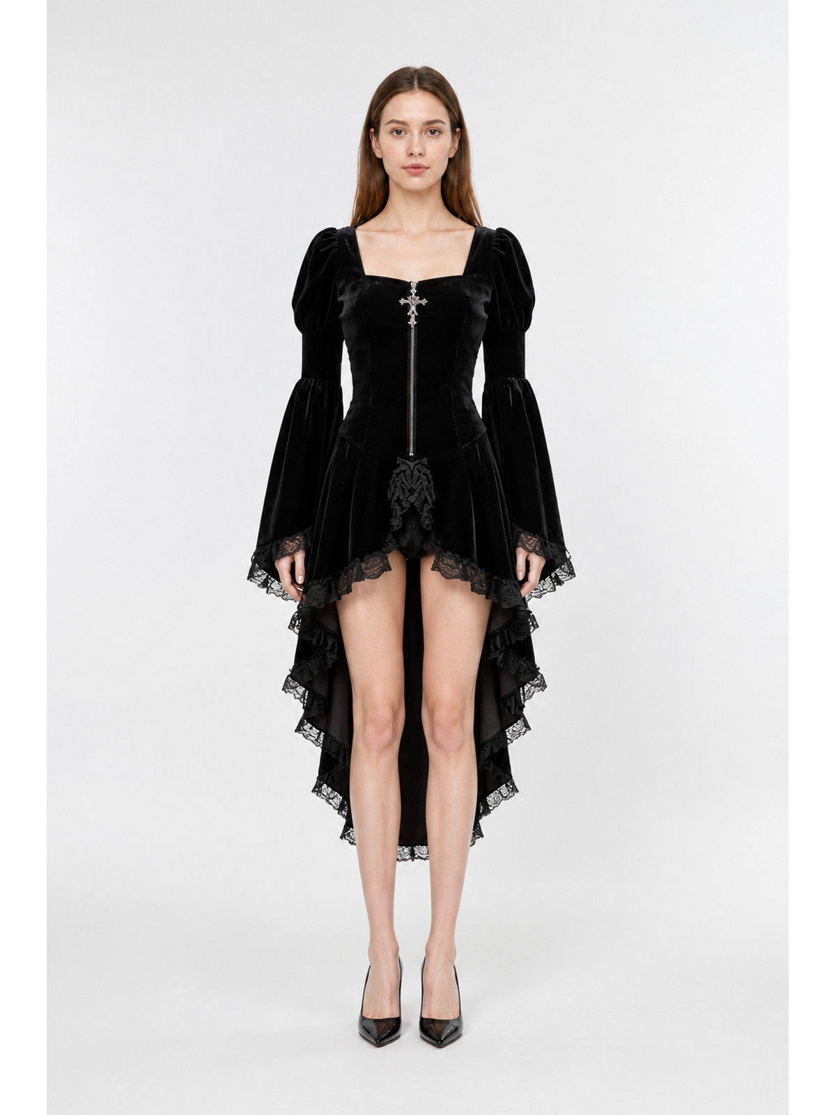 Gothic Dress with an Asymmetrical Hem and Zipper main product view
