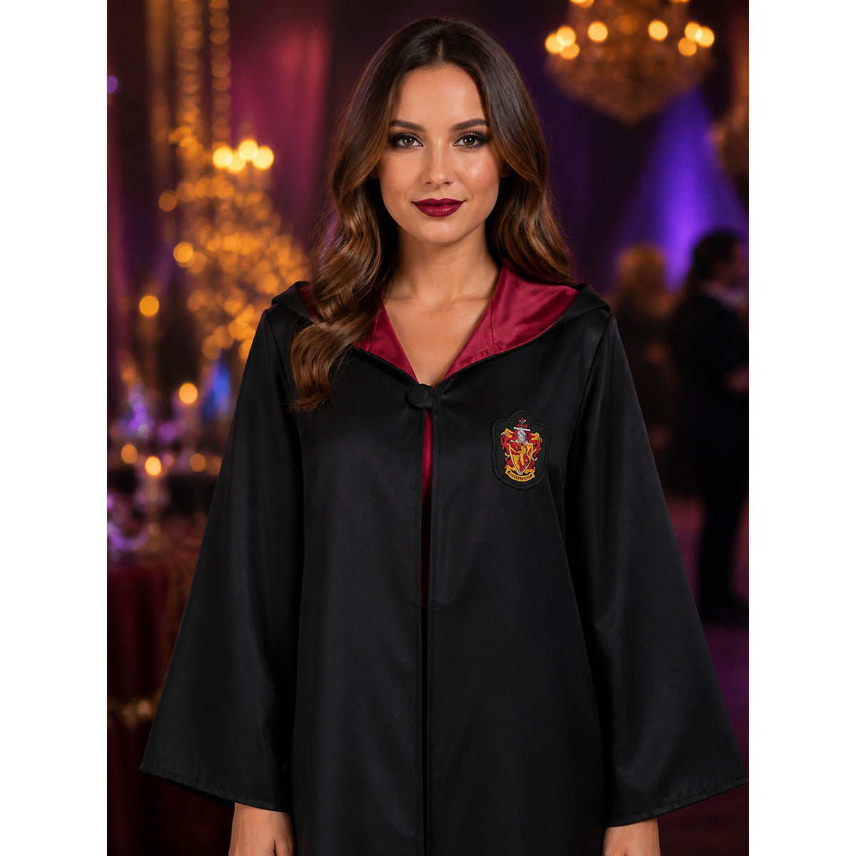 Black Hooded Wizard Robe Costume Set with School Crest, Hat, Tie, Scarf on-model view