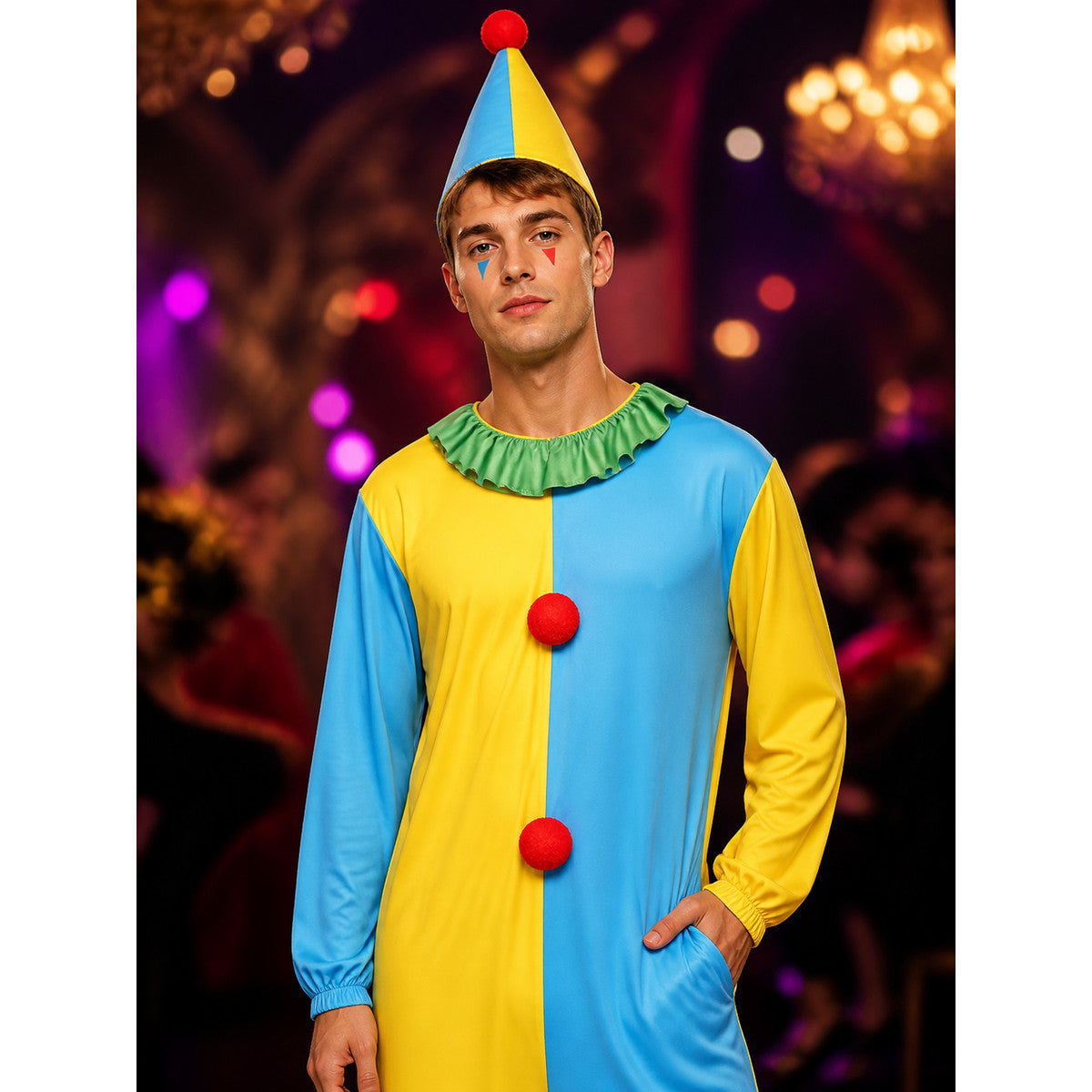 Boys' Colorful Clown Costume Set with Jumpsuit and Cone Hat, Carnival Dress-Up on-model view