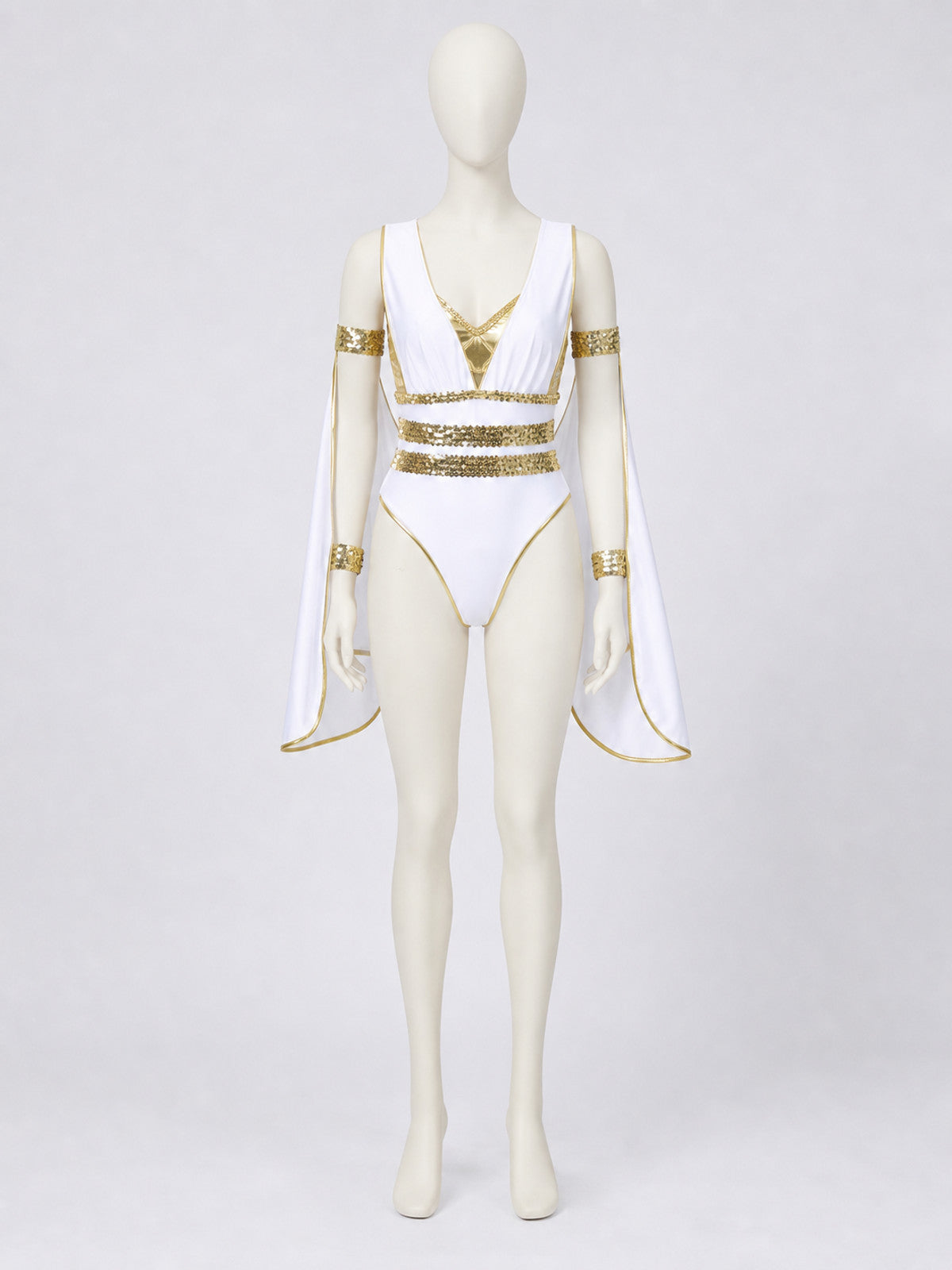 Cleopatra Costume with Gold Trim and Draping on-model view