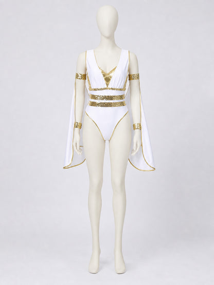 Cleopatra Costume with Gold Trim and Draping on-model view