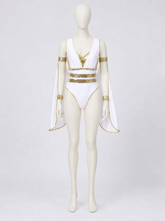 Cleopatra Costume with Gold Trim and Draping on-model view