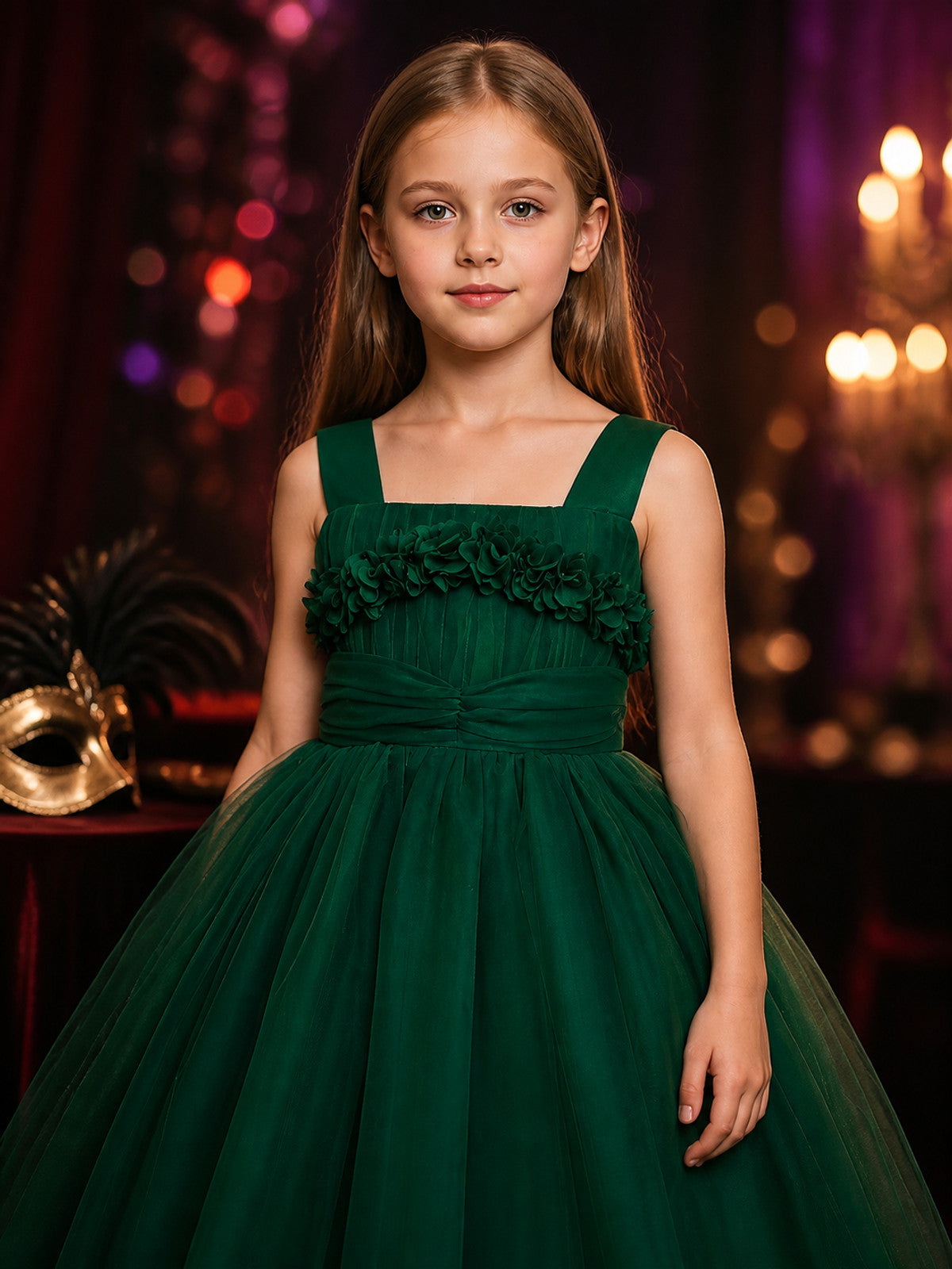 Girls' Dark Green Princess Formal Dress with Layered Tulle Skirt, Bow, and 3D on-model view