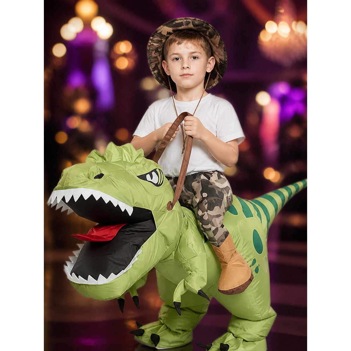 Kids Inflatable Dinosaur Costume, Green Striped Halloween Outfit on-model view