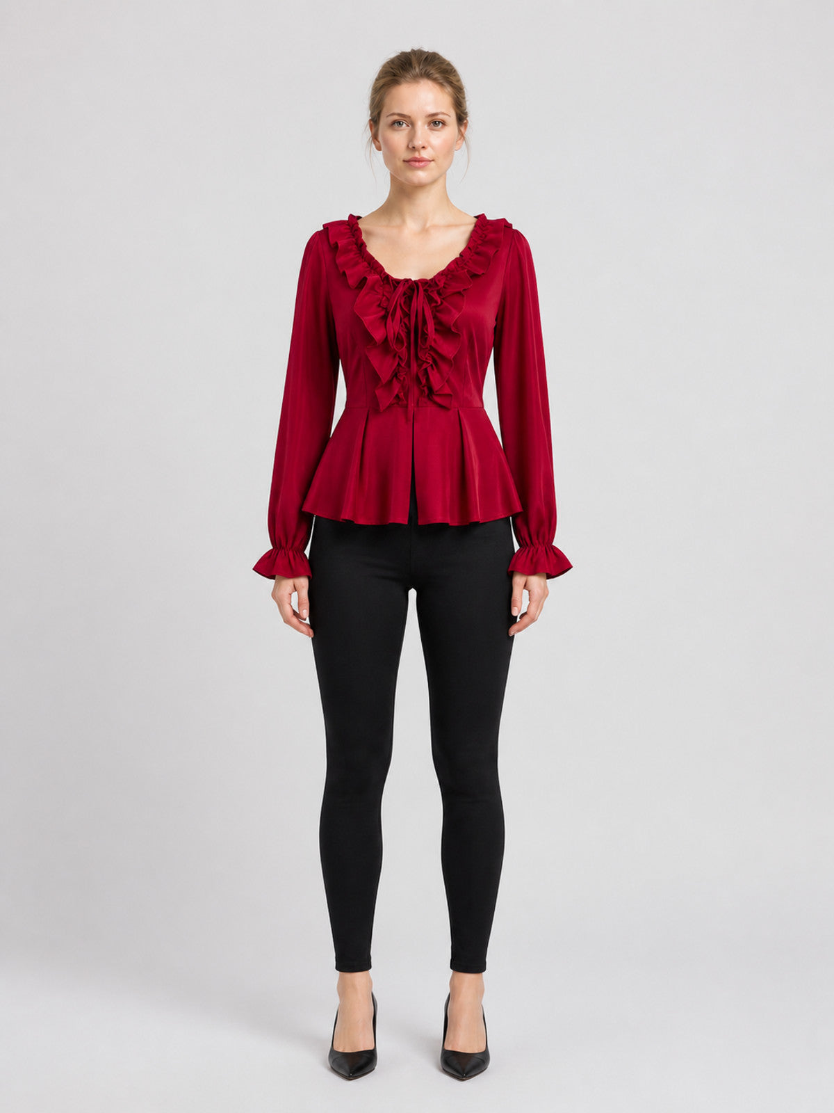 Red Renaissance-Style Ruffled Blouse for Halloween on-model view