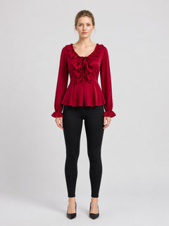 Red Renaissance-Style Ruffled Blouse for Halloween