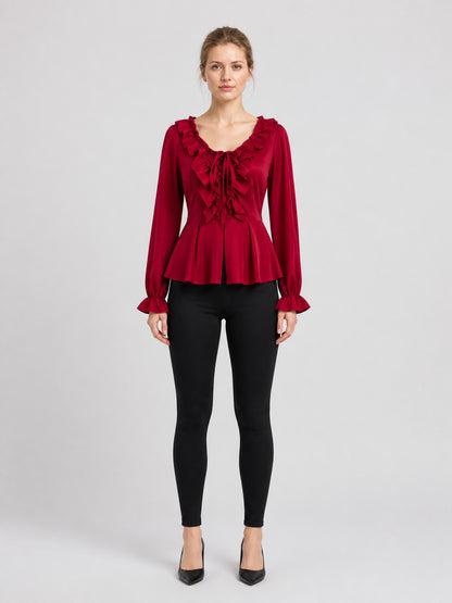 Red Renaissance-Style Ruffled Blouse for Halloween on-model view