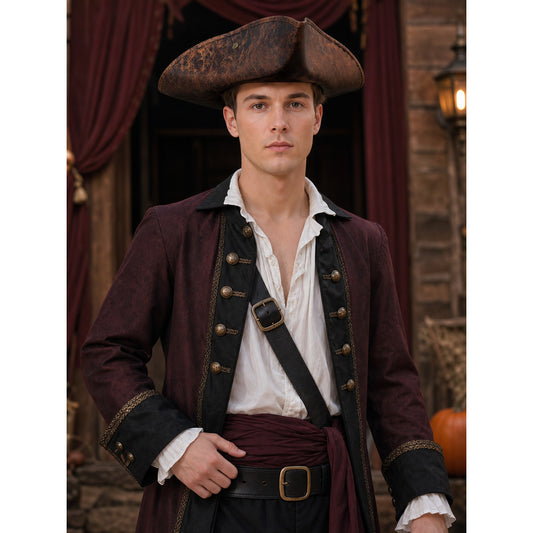 Vintage Pirate Tricorn Hat, Dark Brown Three-Cornered Costume Hat with Wide Curved Brim and Distressed Texture for Cosplay, Themed Parties and Performances