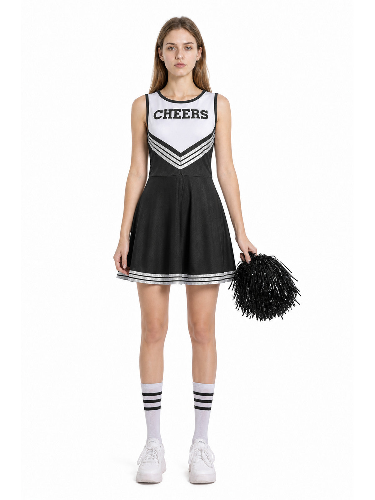 Sleeveless Cheerleader Dress with CHEERS Lettering, Black and White