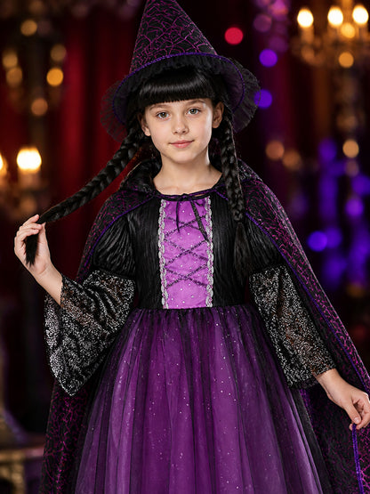 Girls Gothic Witch Vampire Costume Set - Black Purple Lace Tulle Dress with on-model view