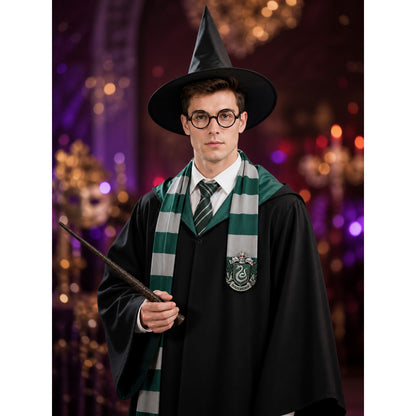 Wizard Costume Set, Hooded Robe With Hat, Scarf, Tie, Wand And Glasses, Green on-model view