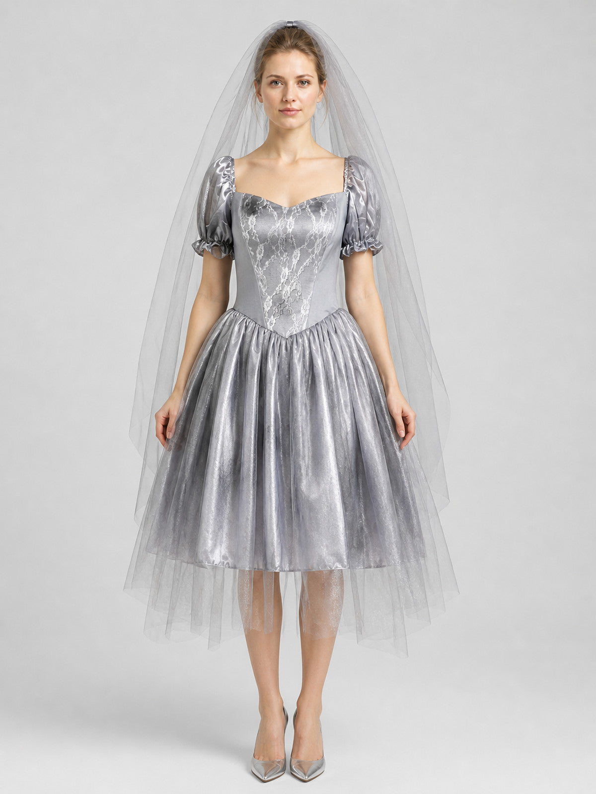 Retro Halloween Ghost Bride Dress with Veil on-model view
