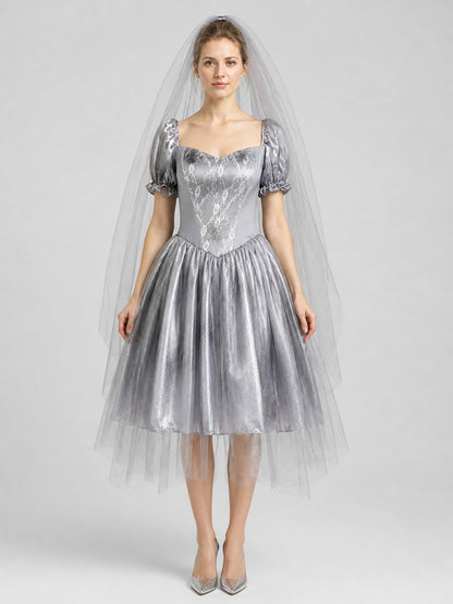 Retro Halloween Ghost Bride Dress with Veil on-model view