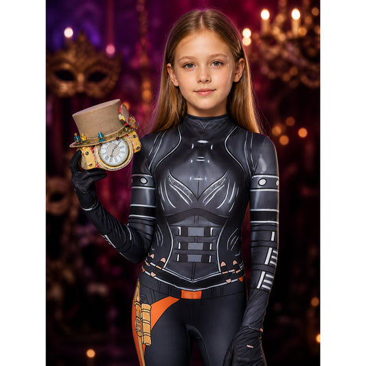 Women's Clockman Sci-Fi Bodysuit Costume with Clock Headpiece and Armored on-model view