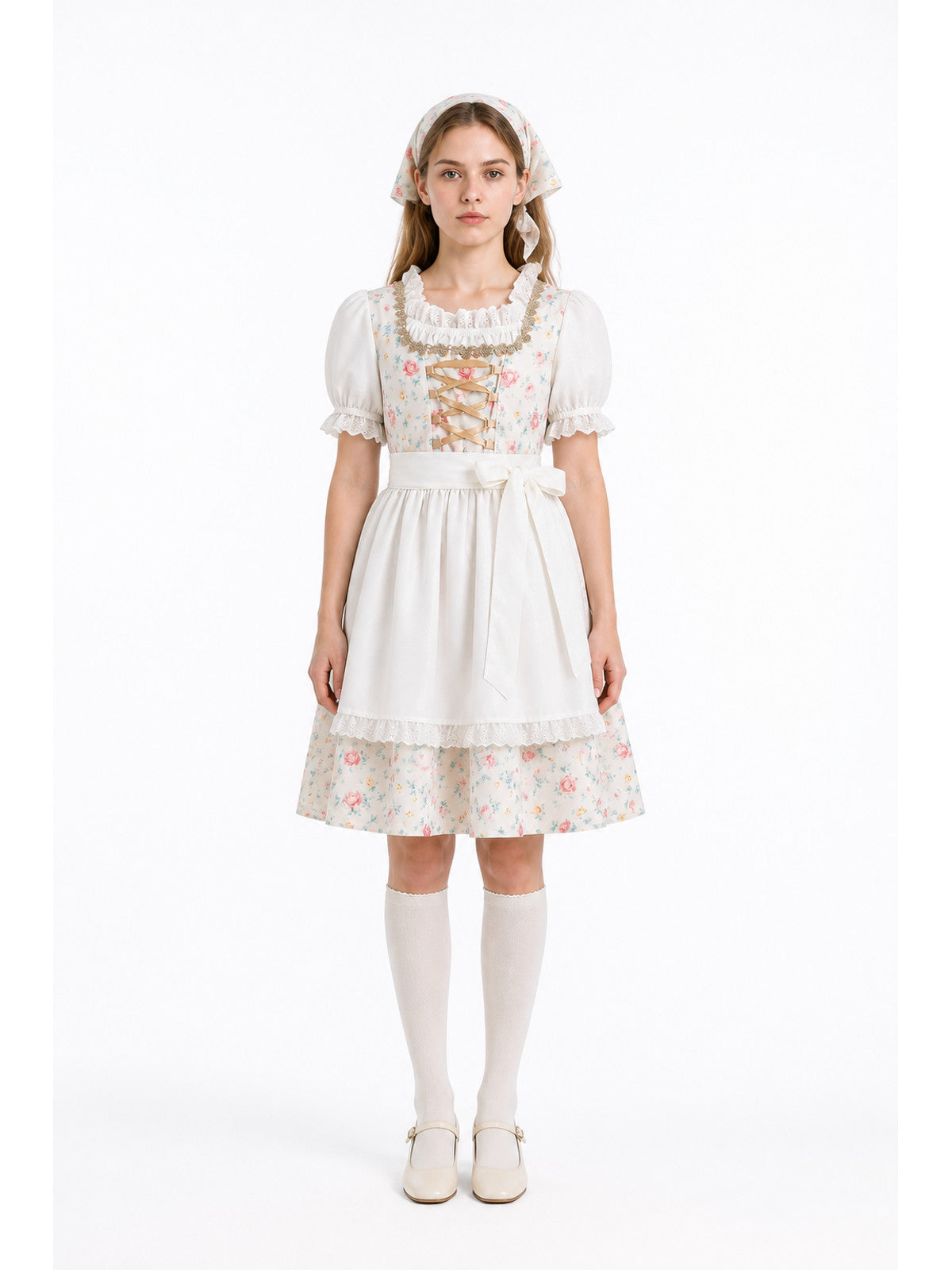 Floral Lace-Trimmed Dress with Apron and Headscarf main product view