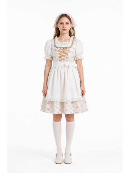 Floral Lace-Trimmed Dress with Apron and Headscarf main product view