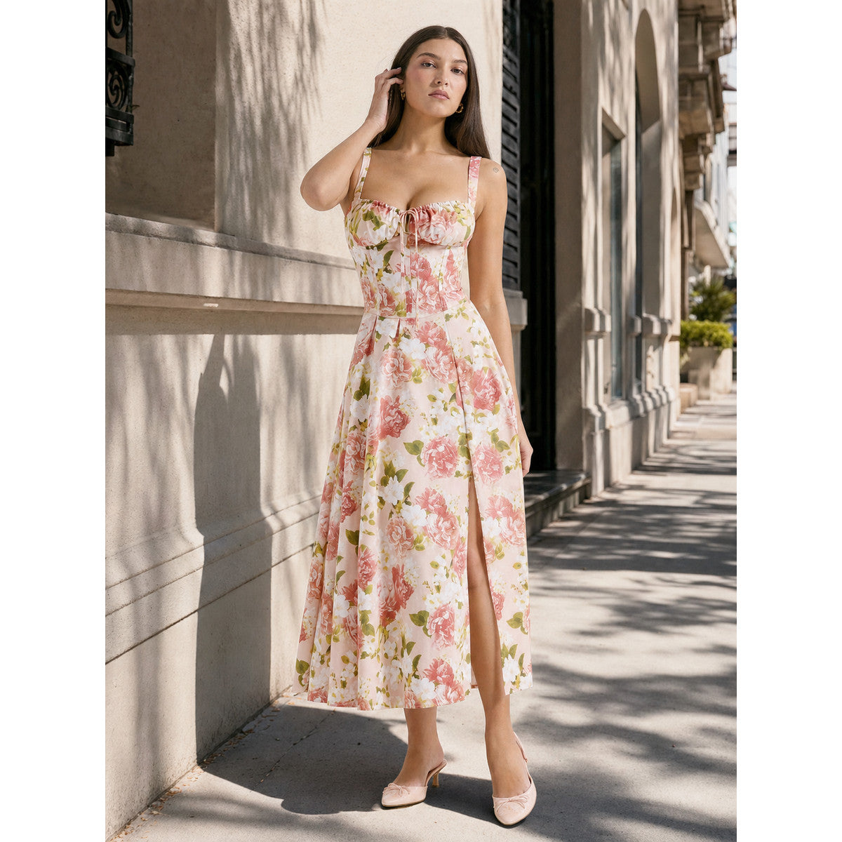 Women's midi dress with spaghetti straps, A-line silhouette