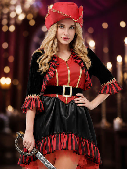 Red and Black Pirate Carnival Costume W-0277 Halloween on-model view