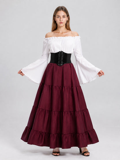 Floor-Length Dress with a Corset Belt and Tiered Skirt on-model view