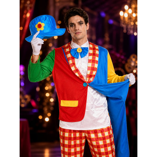 Adult Clown Costume Set - Red Blue Patchwork Suit with Hat and Bow Tie, Circus on-model view