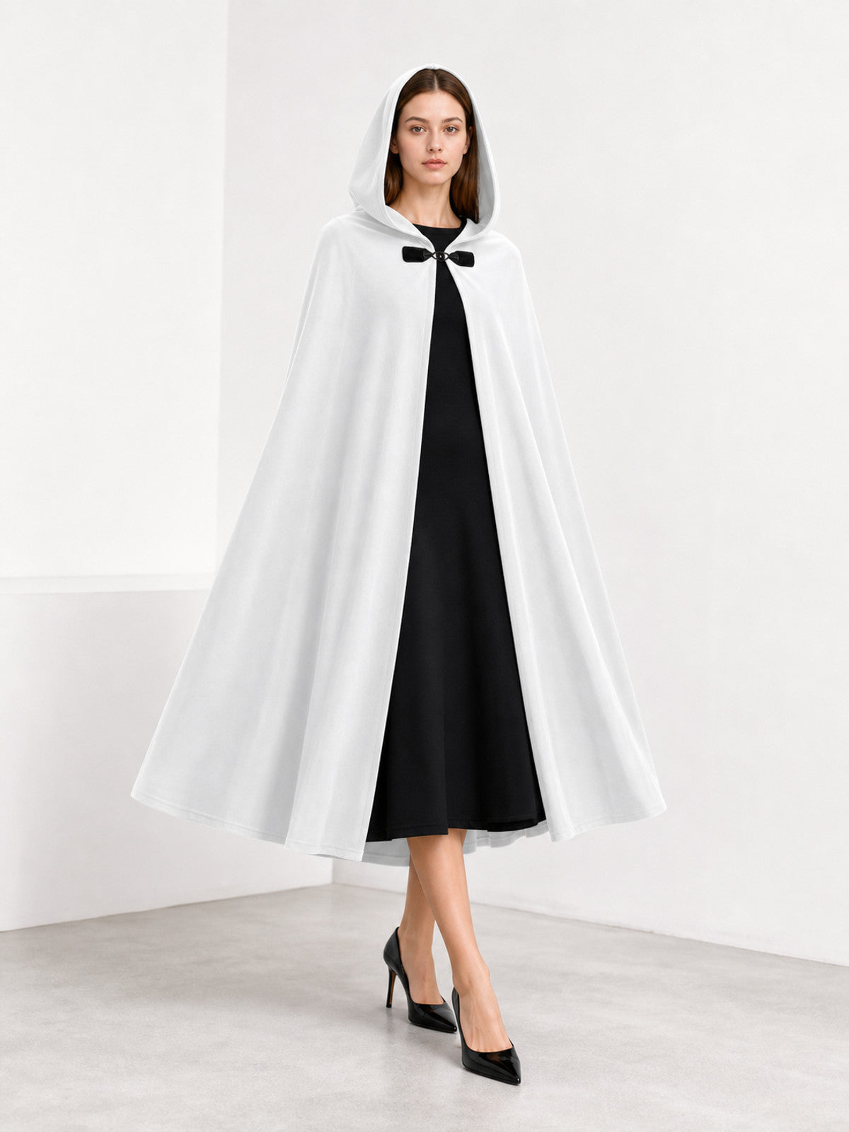 Medieval White Velvet Hooded Long Cloak Cape with Black Bow Tie Front Flared Hem