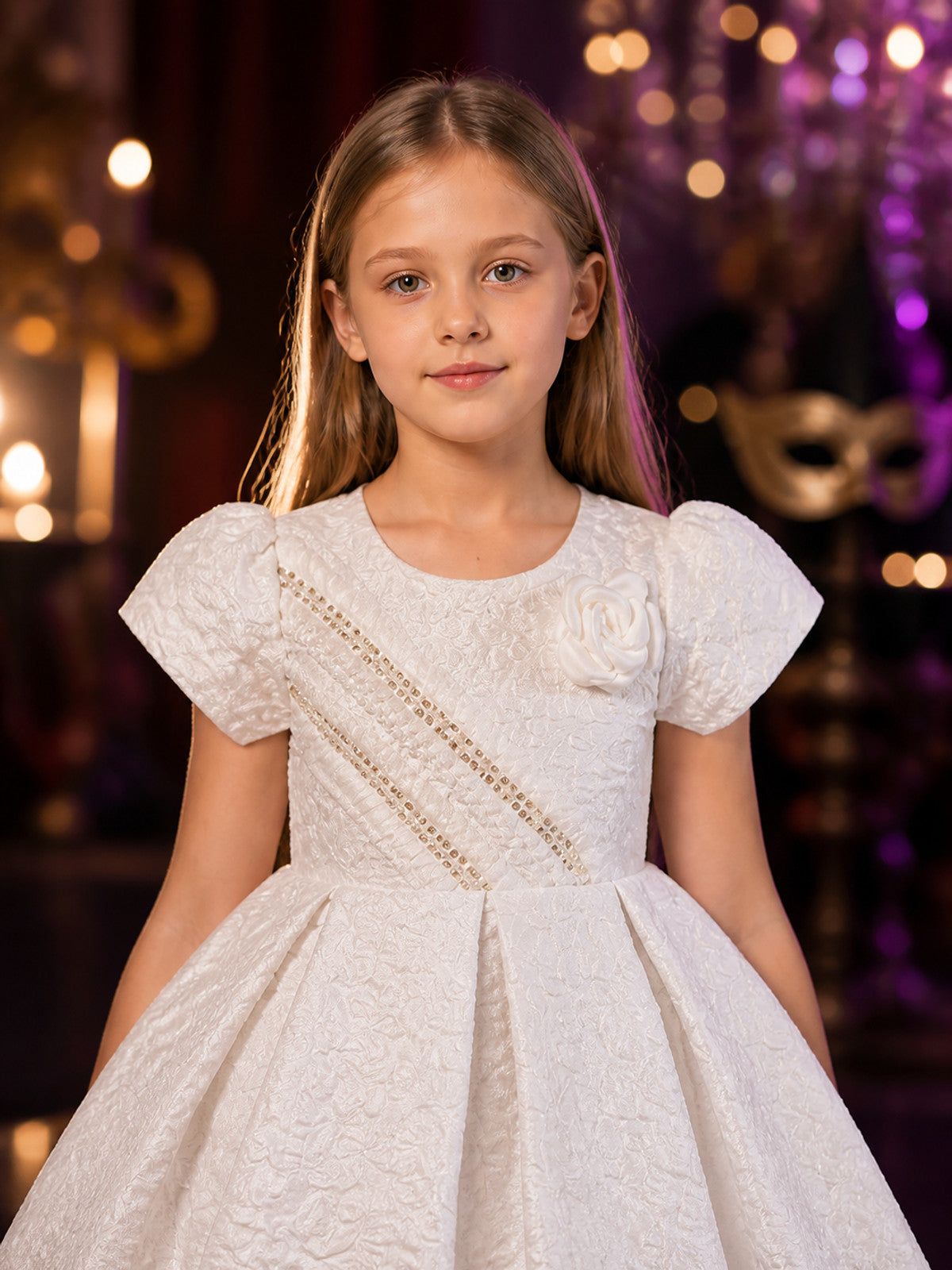 Girls' White Princess Dress, Short Sleeve Floral Embossed Full Skirt Dress on-model view
