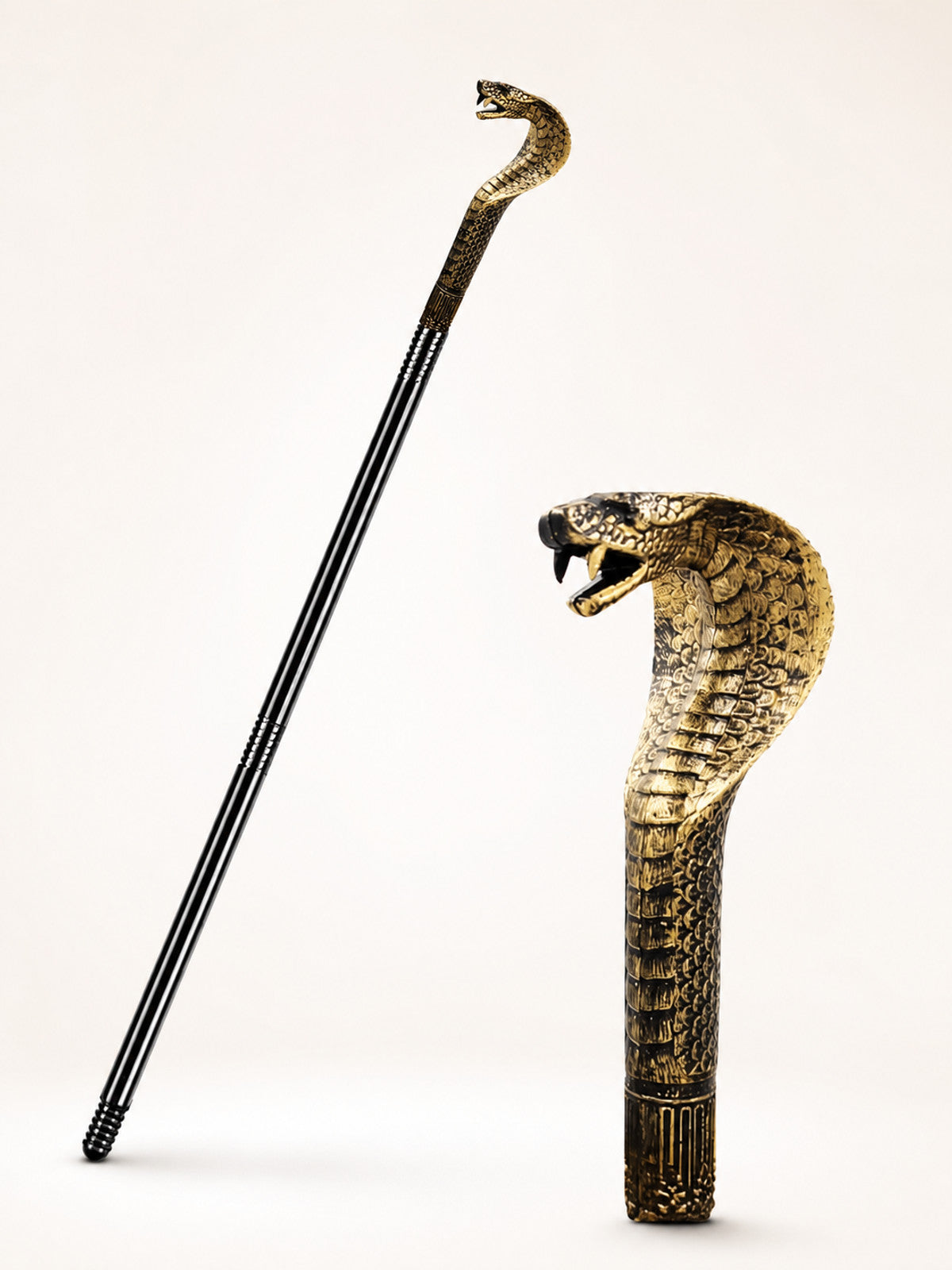 Black cane with a gold-toned snake head handle shown beside a close-up of its open mouth and textured scales