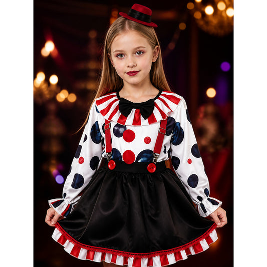 Women's Clown Circus Costume Set - Polka Dot Top, Striped Skirt, Hat & on-model view