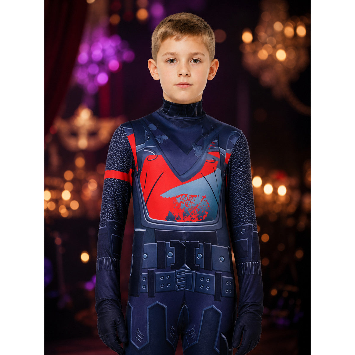 Armored Future Warrior Jumpsuit Costume with Red Eye Strip and Geometric Print on-model view