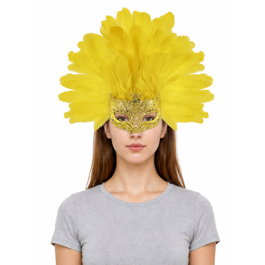 Carnival Mask with Yellow Feathers and Glitter