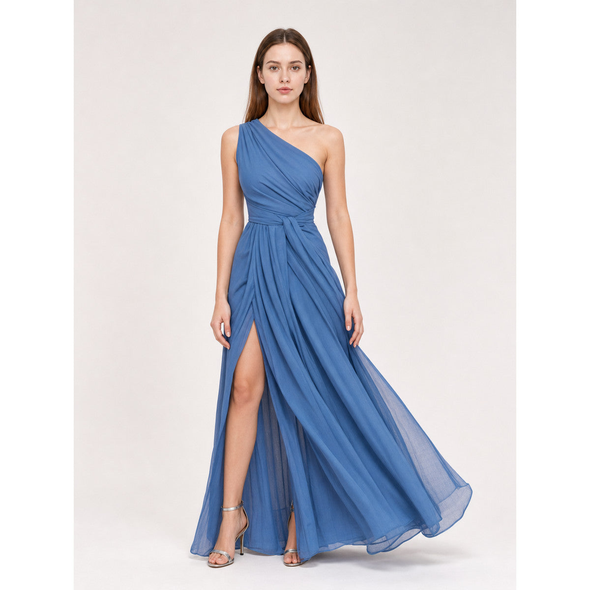 Asymmetrical Floor-Length Evening Dress with Slit on-model view