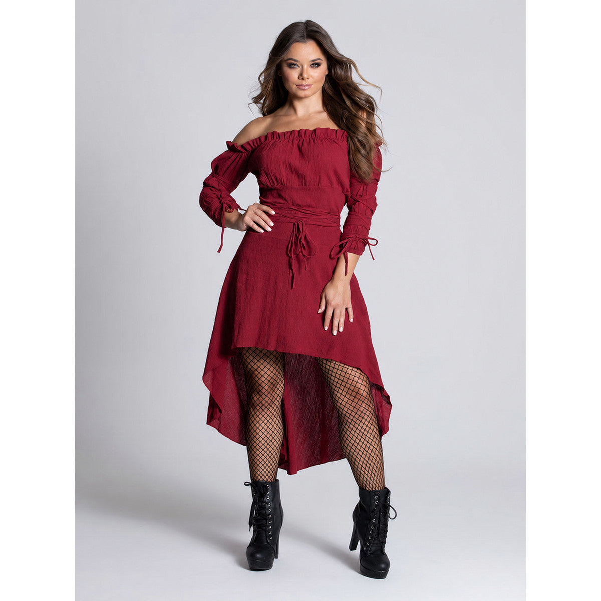 Burgundy Asymmetrical Off-the-Shoulder Dress